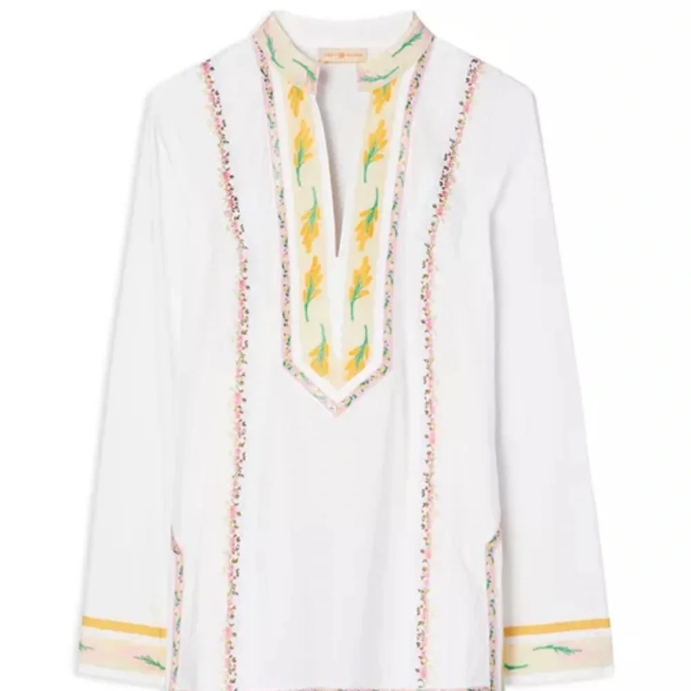 Tory Burch White Embroidered Tunic with Yellow & Green Accents